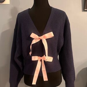 Navy Blue Sweater with Pink Bows
